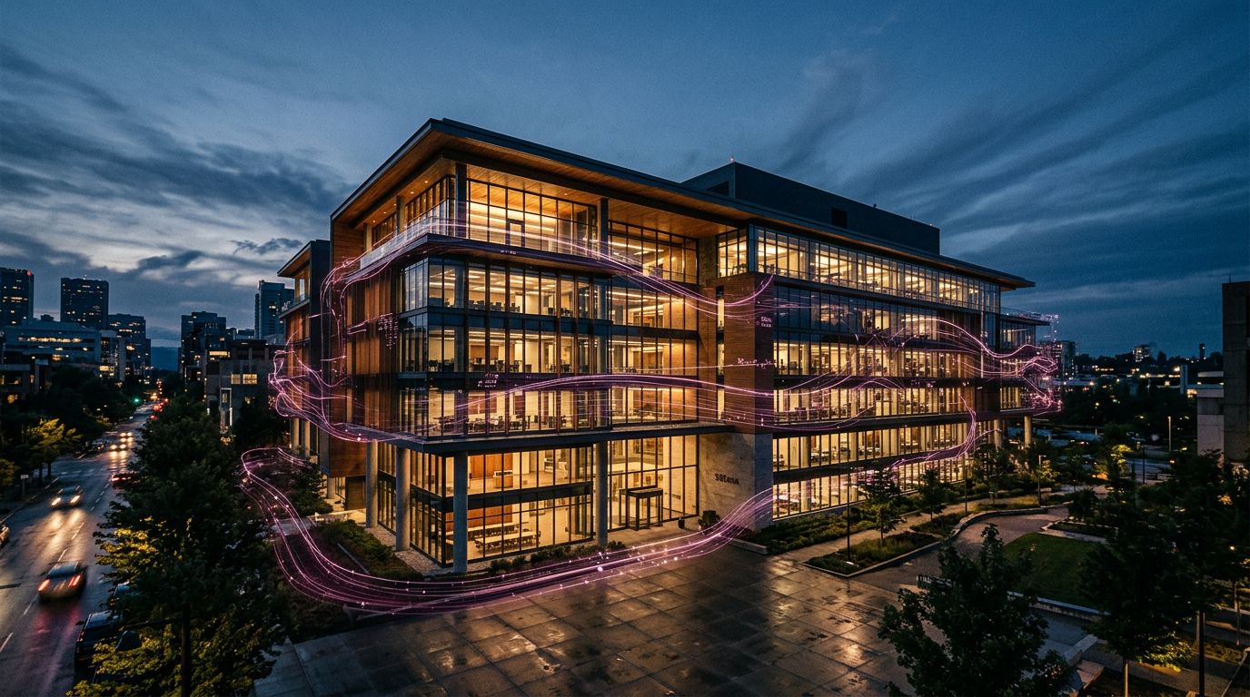 A modern building at dusk with a data overlay tracing its outline